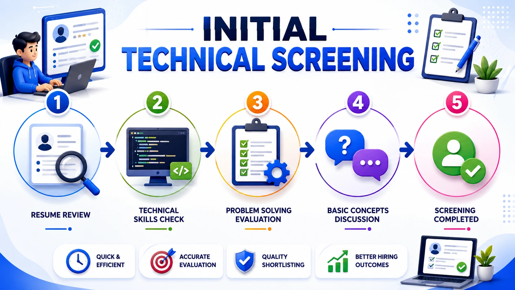 Initial Technical Screening infographic for Software Testing Training in India highlighting technical assessments, software testing fundamentals.